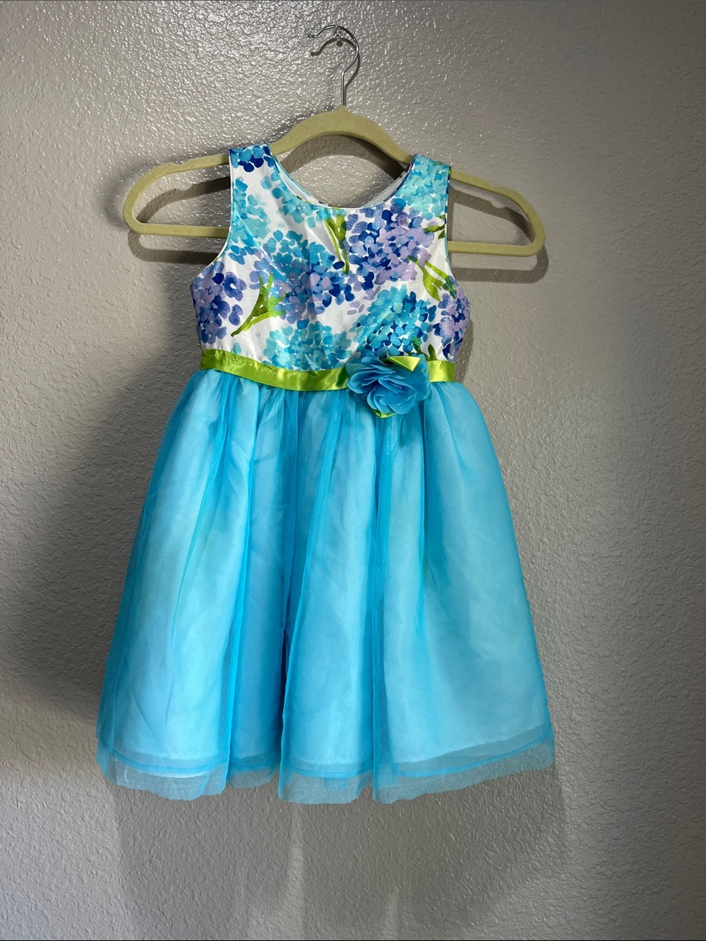 Youngland Blue Floral Organza Sleeveless Dress Lime Waist Sz 6X Formal Party